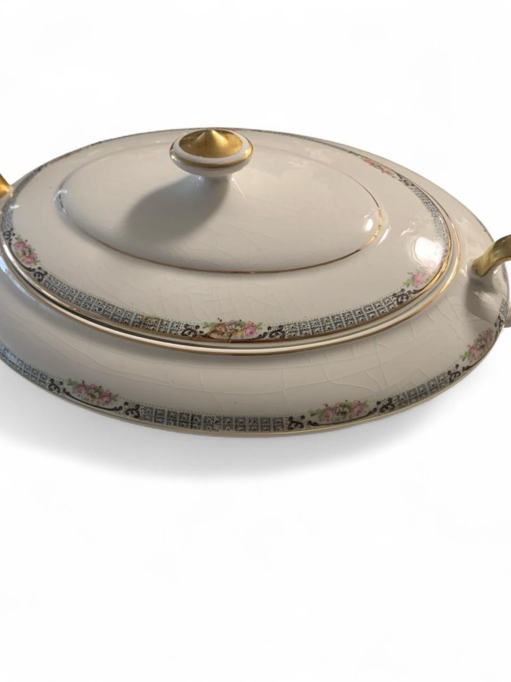 Classic Gold-Accent Cream Serving Dish with Floral Trim